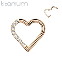 Implant Grade Titanium Rose Gold PVD White CZ Heart Hinged Daith Clicker Hoop