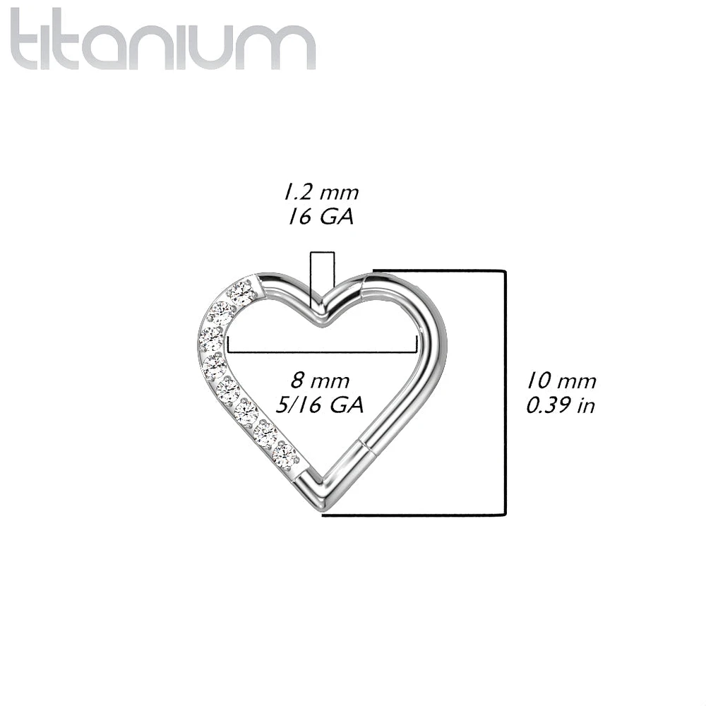 Implant Grade Titanium White CZ Heart Hinged Daith Clicker Hoop