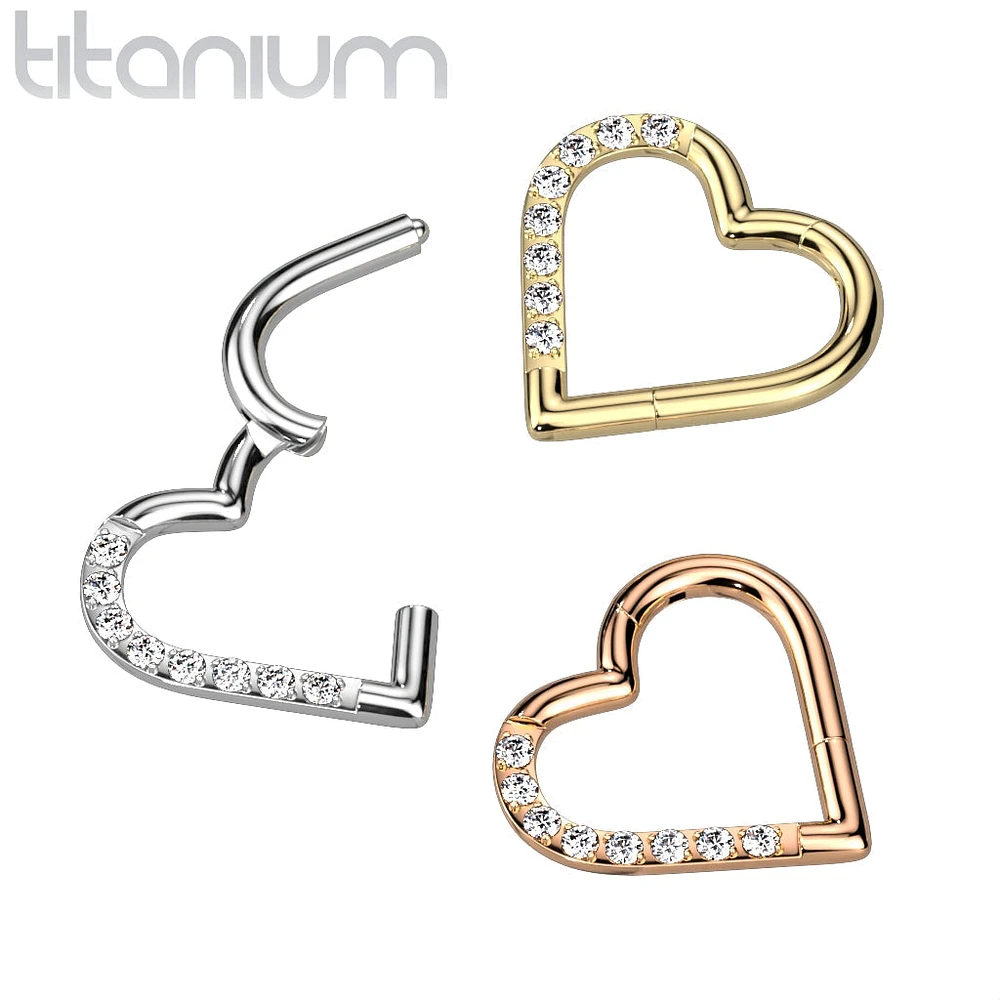 Implant Grade Titanium Gold PVD White CZ Heart Hinged Daith Clicker Hoop