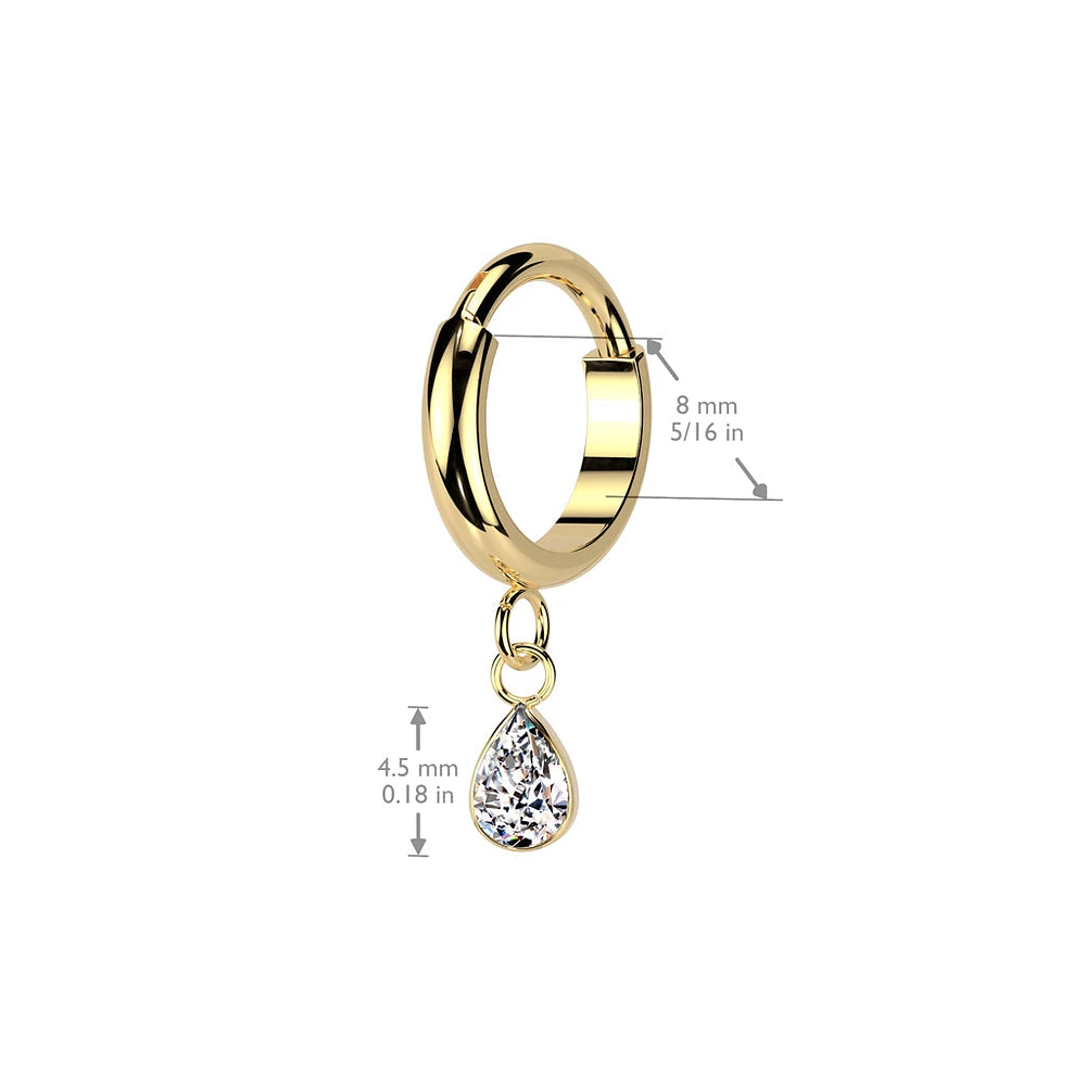 Implant Grade Titanium Gold PVD White CZ Teardrop Dangle Hinged Clicker Hoop