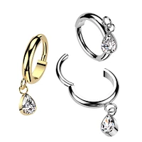 Implant Grade Titanium Gold PVD White CZ Teardrop Dangle Hinged Clicker Hoop
