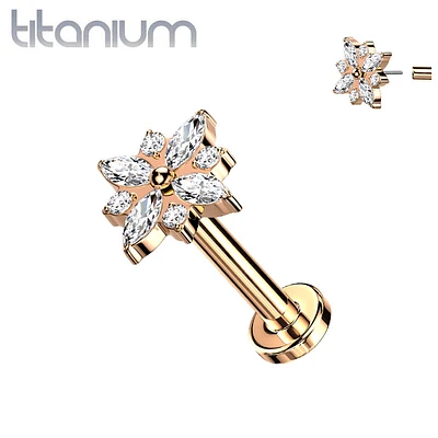 Titanium Rose Gold PVD Large White CZ Gem Flower Threadless Push In Labret