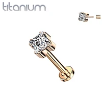 Implant Grade Titanium Rose Gold White CZ Square Gem Top Threadless Push In Labret