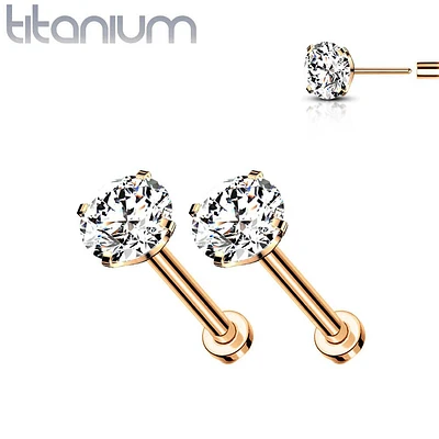 Pair Of Implant Grade Titanium Rose Gold PVD White CZ Threadless Push In Earring Studs With Flat Back