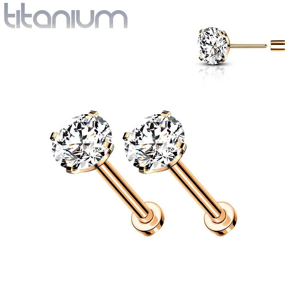 Pair Of Implant Grade Titanium Rose Gold PVD White CZ Threadless Push In Earring Studs With Flat Back