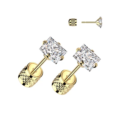 Pair of 316L Surgical Steel Gold PVD Push In Backing White CZ Square Gem Stud Earrings