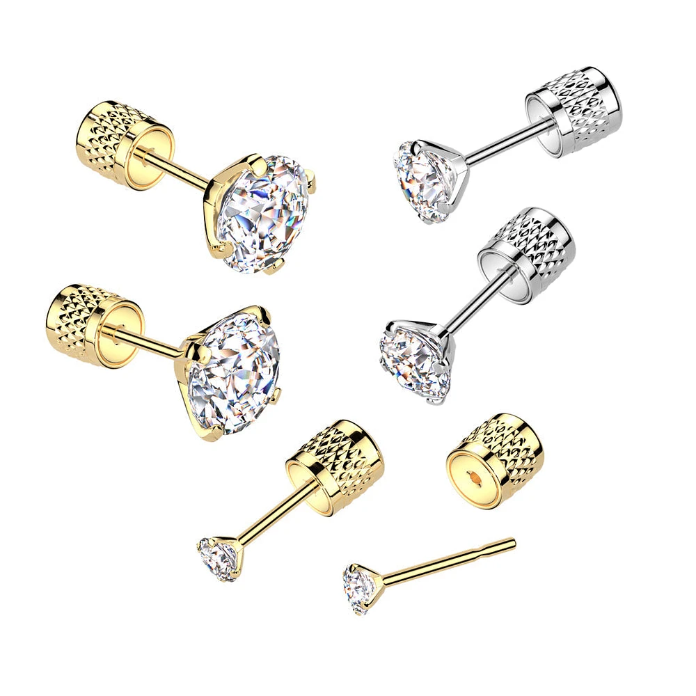 Pair of 316L Surgical Steel Gold PVD Push In Backing White CZ Stud Earrings