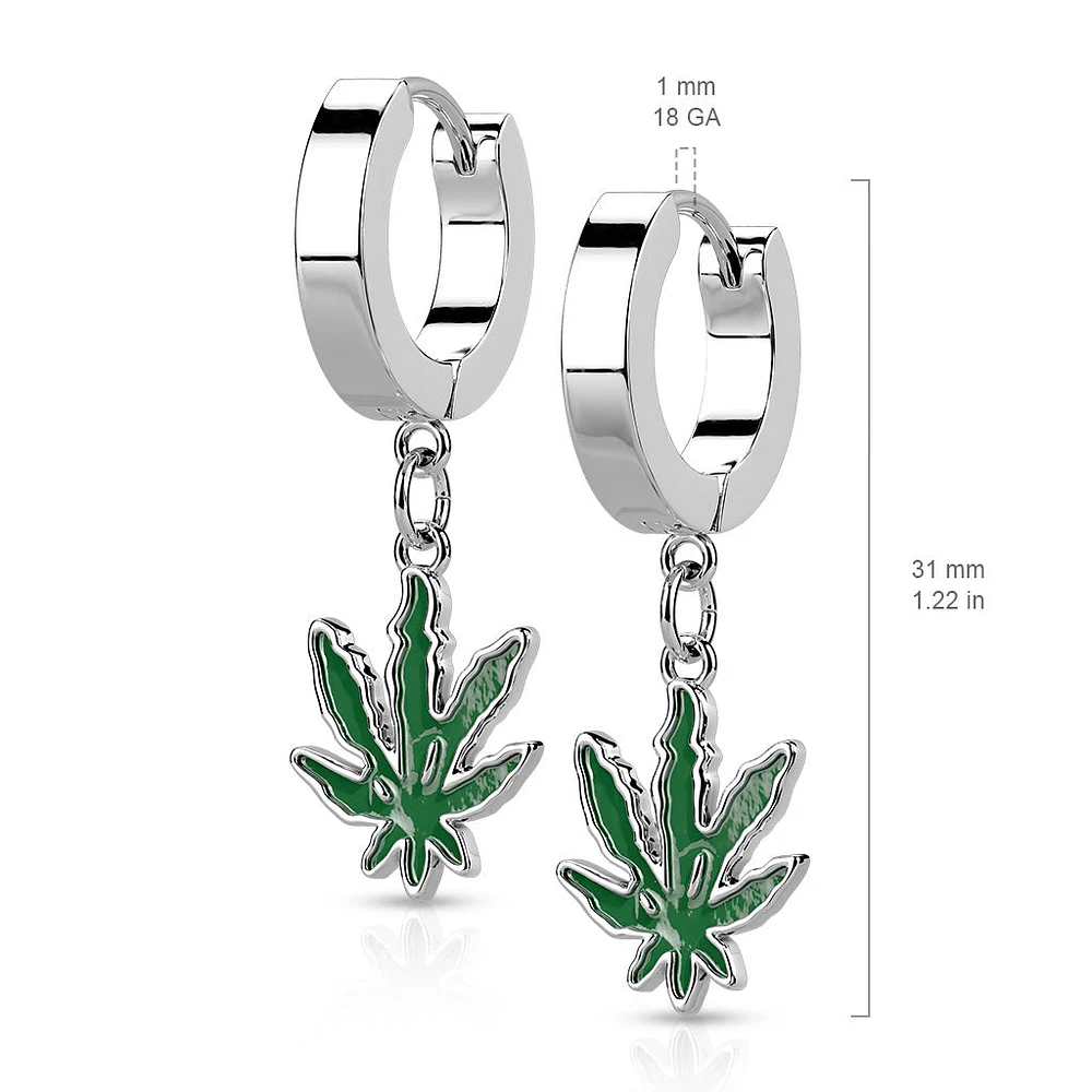Pair of 316L Surgical Steel Green Marijuana Weed Leaf Dangle Hoop Earrings