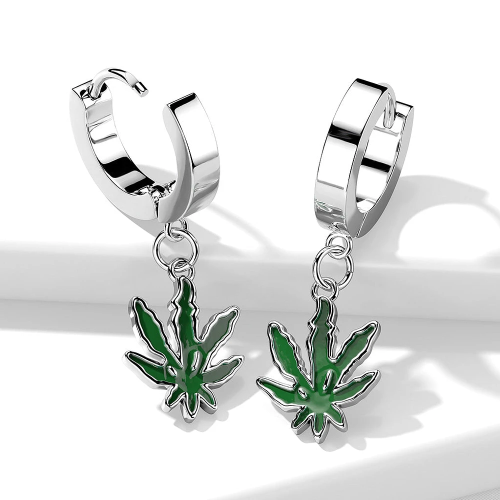 Pair of 316L Surgical Steel Green Marijuana Weed Leaf Dangle Hoop Earrings