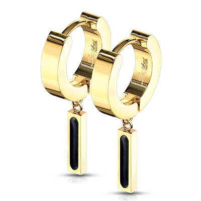 Pair of 316L Surgical Steel Gold PVD Black Rectangle Dangle Hoop Earrings