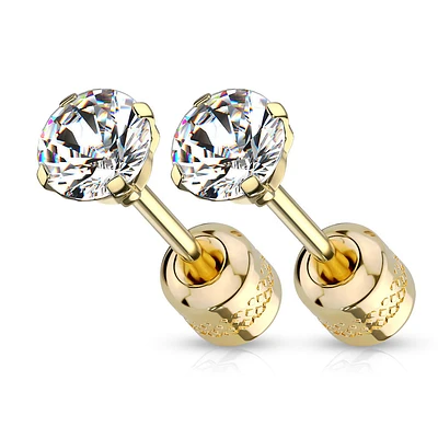 Pair of Screw Back 316L Surgical Steel Gold PVD White CZ Stud Earrings