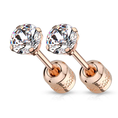 Pair of Screw Back 316L Surgical Steel Rose Gold PVD White CZ Stud Earrings