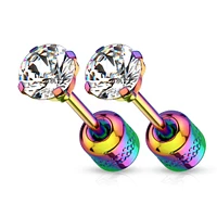 Pair of Screw Back 316L Surgical Steel Rainbow PVD White CZ Stud Earrings