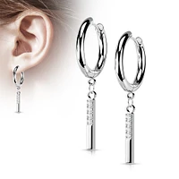 Pair Of 316L Surgical Steel White CZ Simple Line Dangle Hoop Earrings