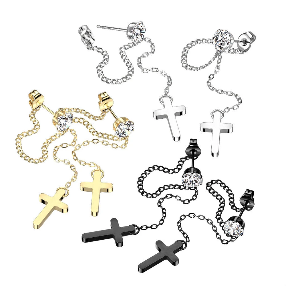 Pair of 316L Surgical Steel White CZ Cross Chain Dangle Earring Studs