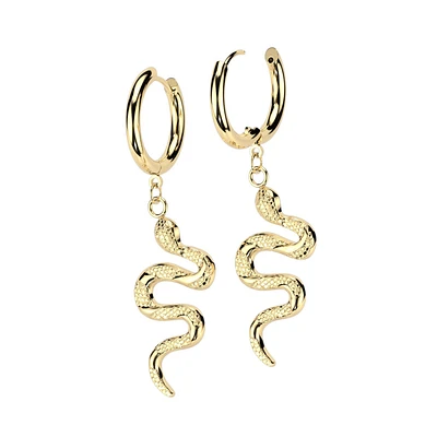 Pair of 316L Surgical Steel Gold PVD Slithering Snake Dangle Hoop Earrings