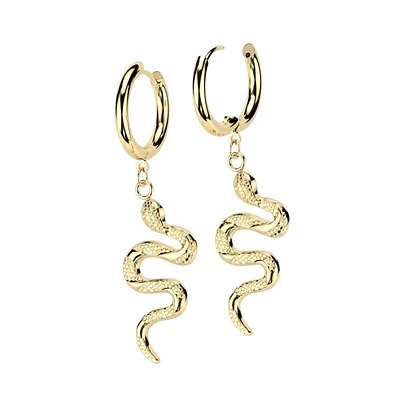 Pair of 316L Surgical Steel Gold PVD Slithering Snake Dangle Hoop Earrings