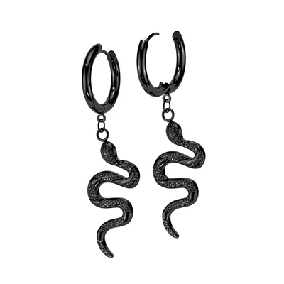 Pair of 316L Surgical Steel Black PVD Slithering Snake Dangle Hoop Earrings