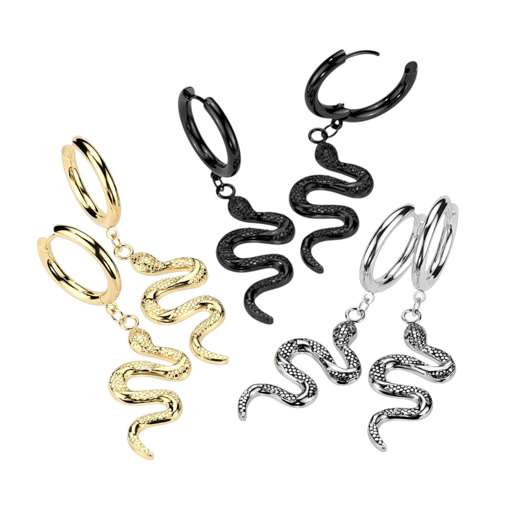 Pair of 316L Surgical Steel Black PVD Slithering Snake Dangle Hoop Earrings