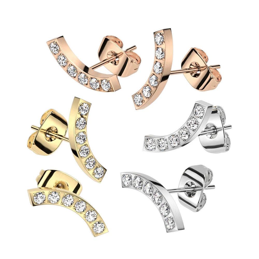 Pair of 316L Surgical Steel Rose Gold PVD Curved White CZ Gem Earring Studs