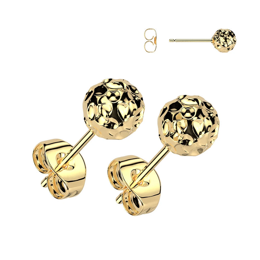 Pair of 316L Surgical Steel Gold PVD Hammered Ball Stud Earrings