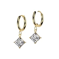 Pair of 316L Surgical Steel Gold PVD White CZ Square Gem Dangle Hoop Earrings