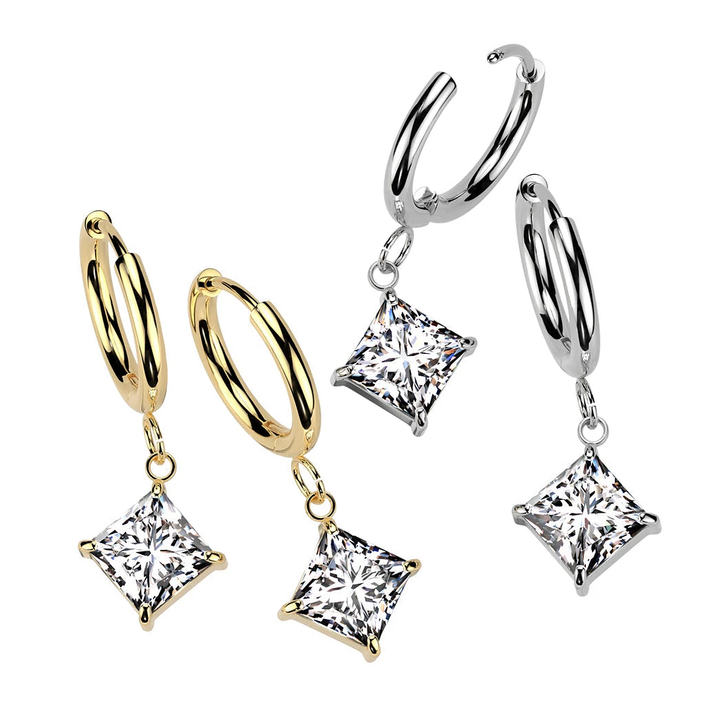 Pair of 316L Surgical Steel White CZ Square Gem Dangle Hoop Earrings