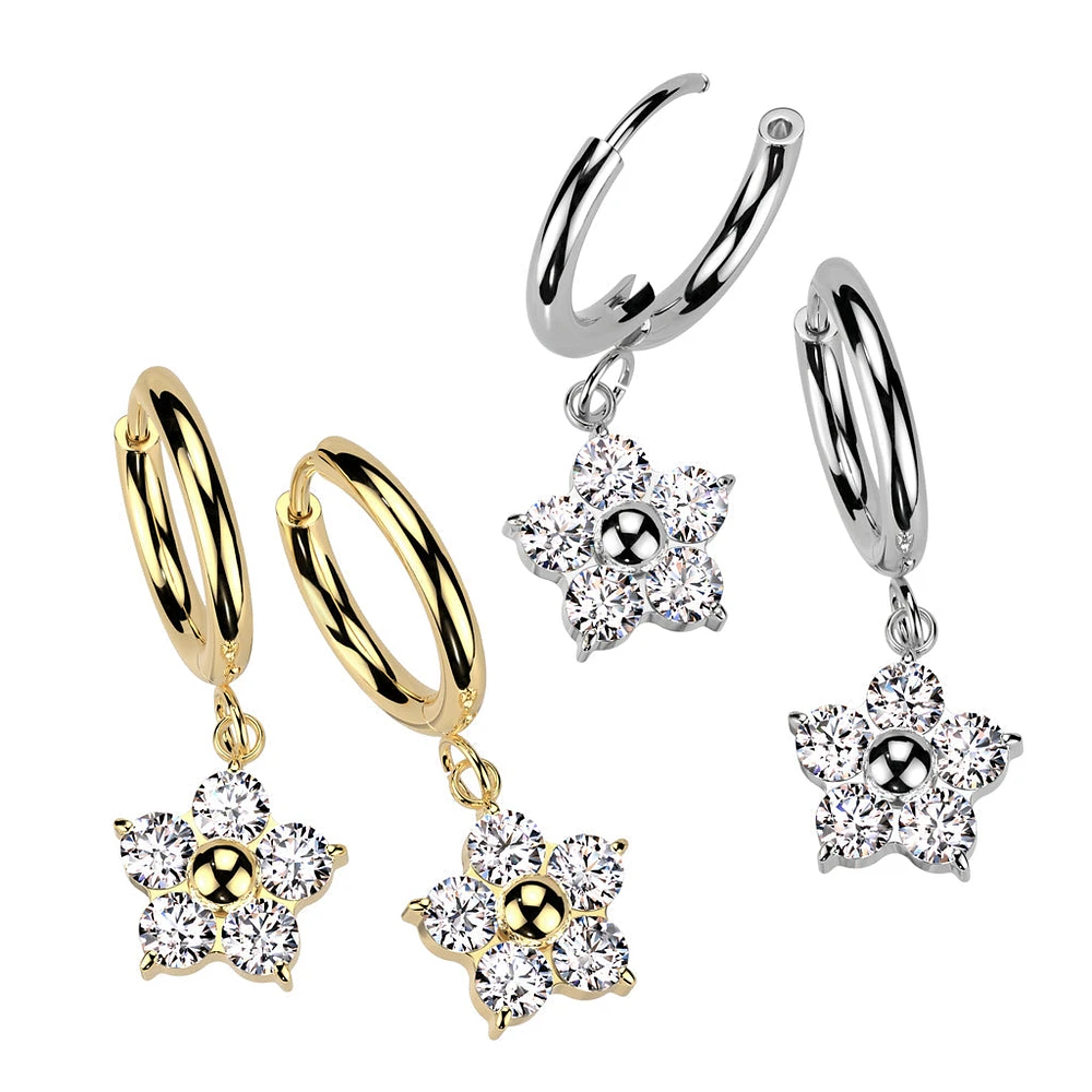 Pair of 316L Surgical Steel Large White CZ Flower Dangle Hoop Earrings