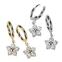 Pair of 316L Surgical Steel Large White CZ Flower Dangle Hoop Earrings