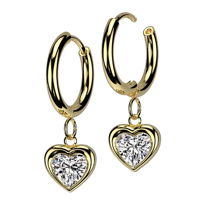 Pair of 316L Surgical Steel Gold PVD White CZ Heart Shaped Gem Dangle Hoop Earrings