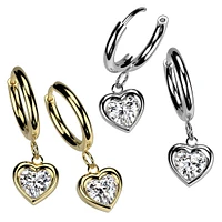 Pair of 316L Surgical Steel Gold PVD White CZ Heart Shaped Gem Dangle Hoop Earrings