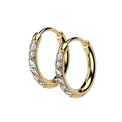 Pair of 316L Surgical Steel Gold PVD White CZ Dainty Hoop Earrings