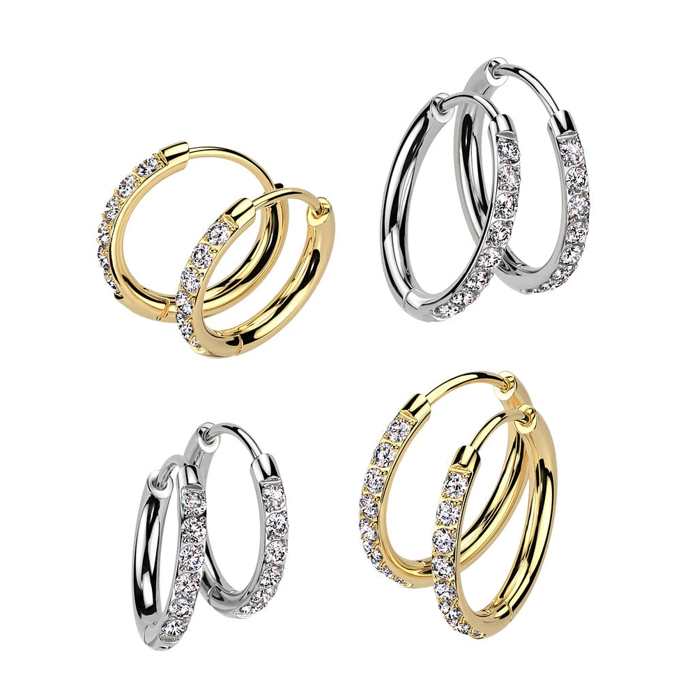 Pair of 316L Surgical Steel Gold PVD White CZ Dainty Hoop Earrings