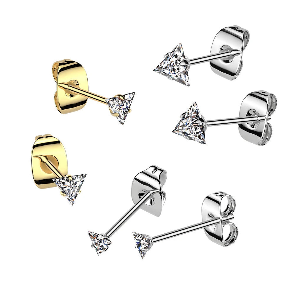 Pair of 316L Surgical Steel Gold PVD White CZ Triangle Stud Earrings