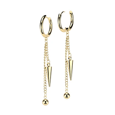 Pair of 316L Surgical Steel Gold PVD Ball And Spike Chain Dangle Hoop Earrings