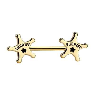 316L Surgical Steel Gold PVD Sheriff Badge Star Nipple Ring Barbell