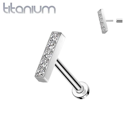 Implant Grade Titanium Threadless Push In Labret White Studded CZ Rectangle Bar