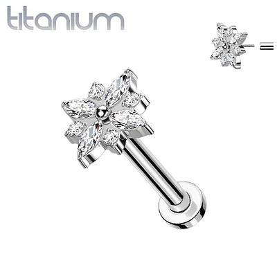 Implant Grade Titanium Large White CZ Gem Flower Threadless Push In Labret