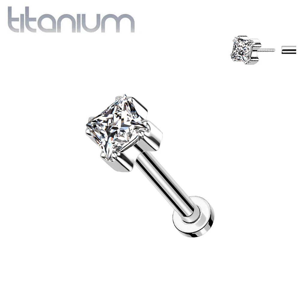 Implant Grade Titanium White CZ Square Gem Top Threadless Push In Labret