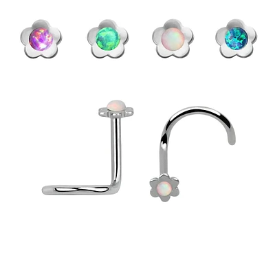 Surgical Steel Corkscrew Nose Ring with 1.5mm Opal Flower