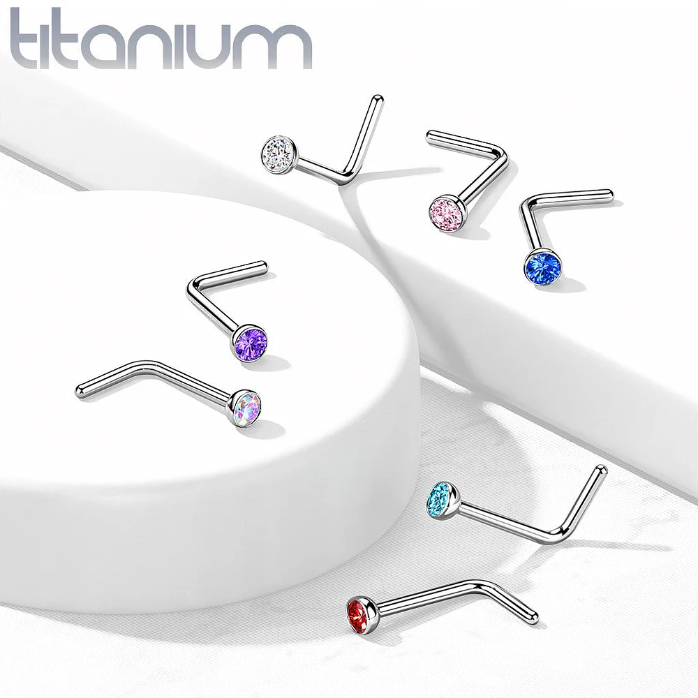 Implant Grade Titanium L-Shape CZ Nose Ring Stud