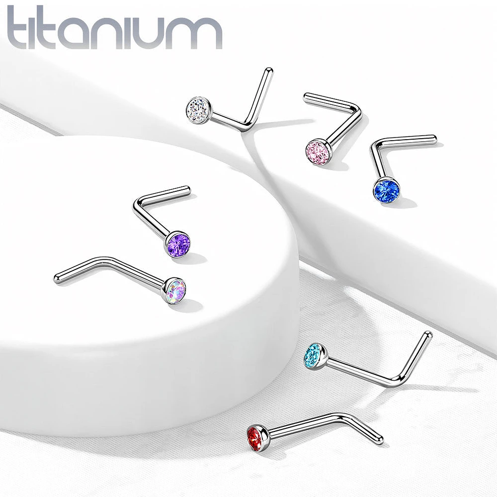 Implant Grade Titanium L-Shape Aqua CZ Nose Ring Stud