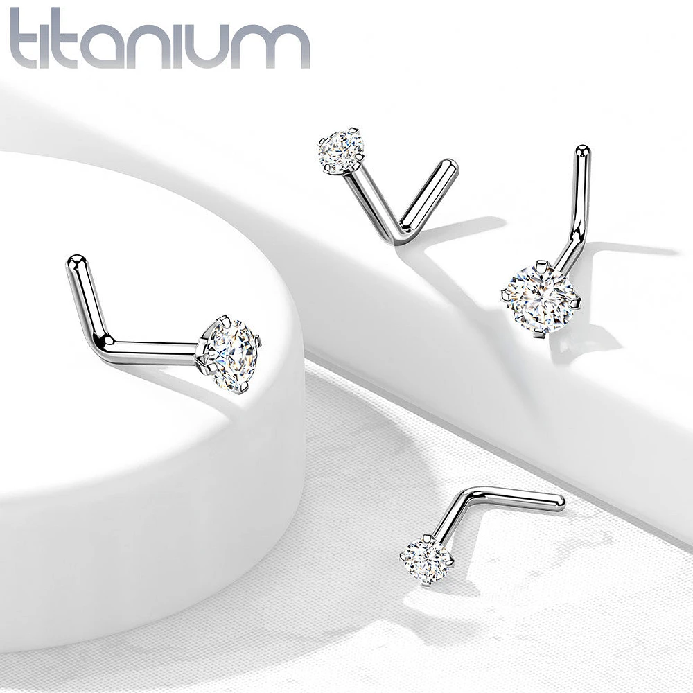 Implant Grade Titanium White CZ Prong L Shape Nose Stud