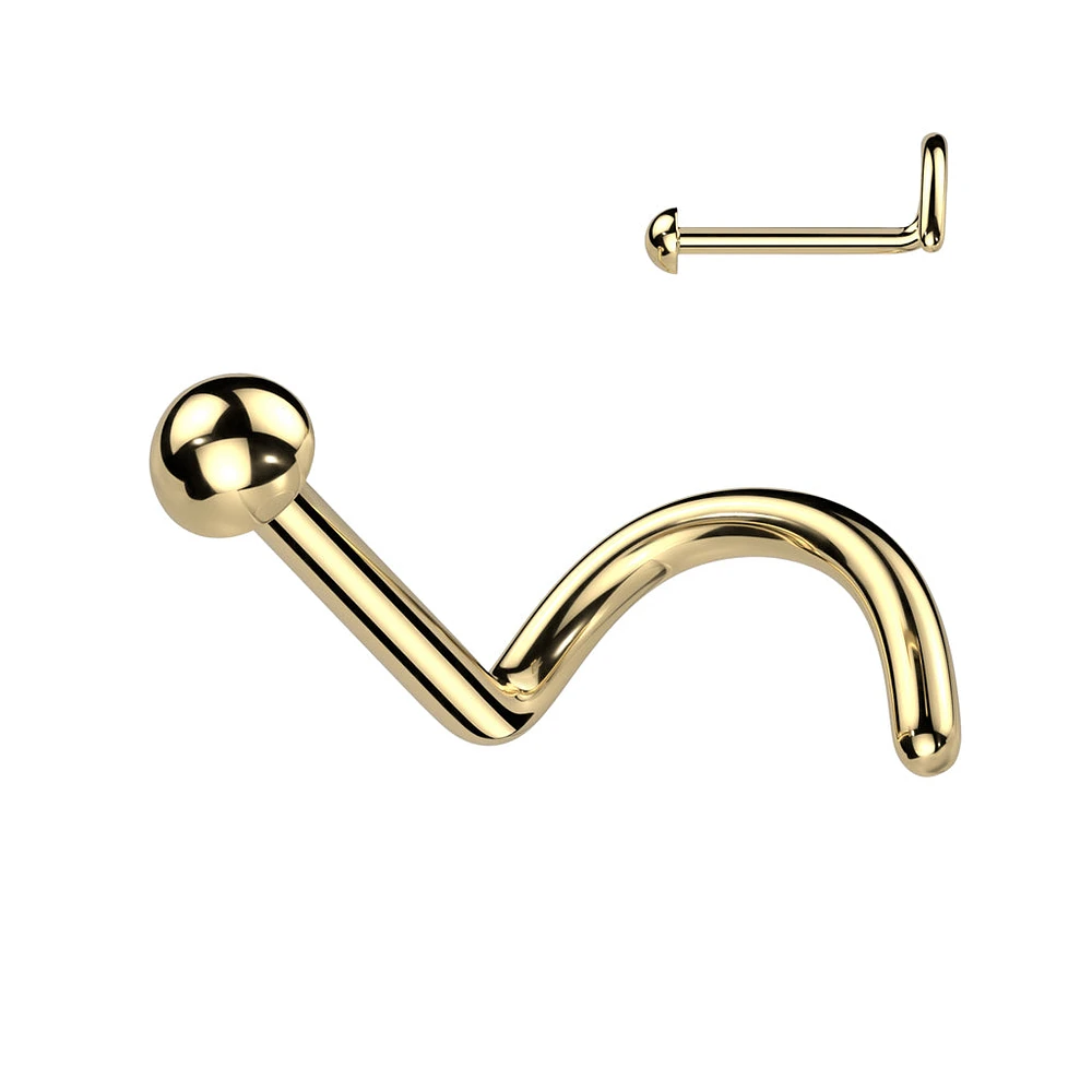 Implant Grade Titanium Gold PVD Dome Top Corkscrew Nose Stud Ring