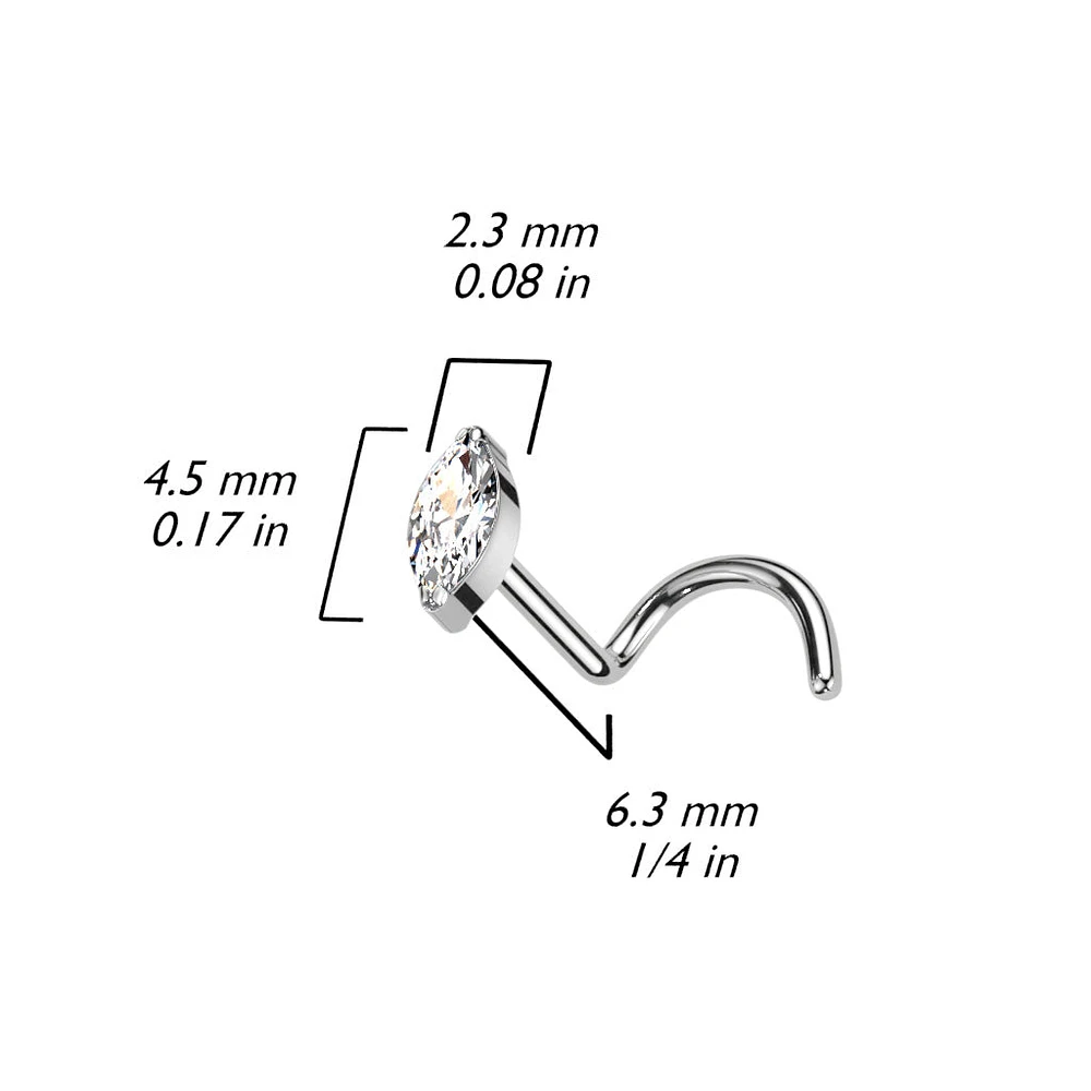 Implant Grade Titanium Aurora Borealis Marquise CZ Gem Corkscrew Nose Ring Stud