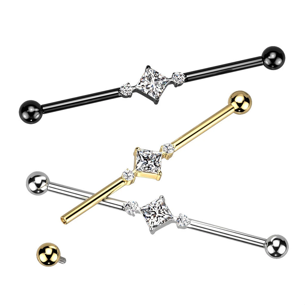 Implant Grade Titanium Gold PVD White CZ Square & Circle Gem Cluster Industrial Straight Barbell