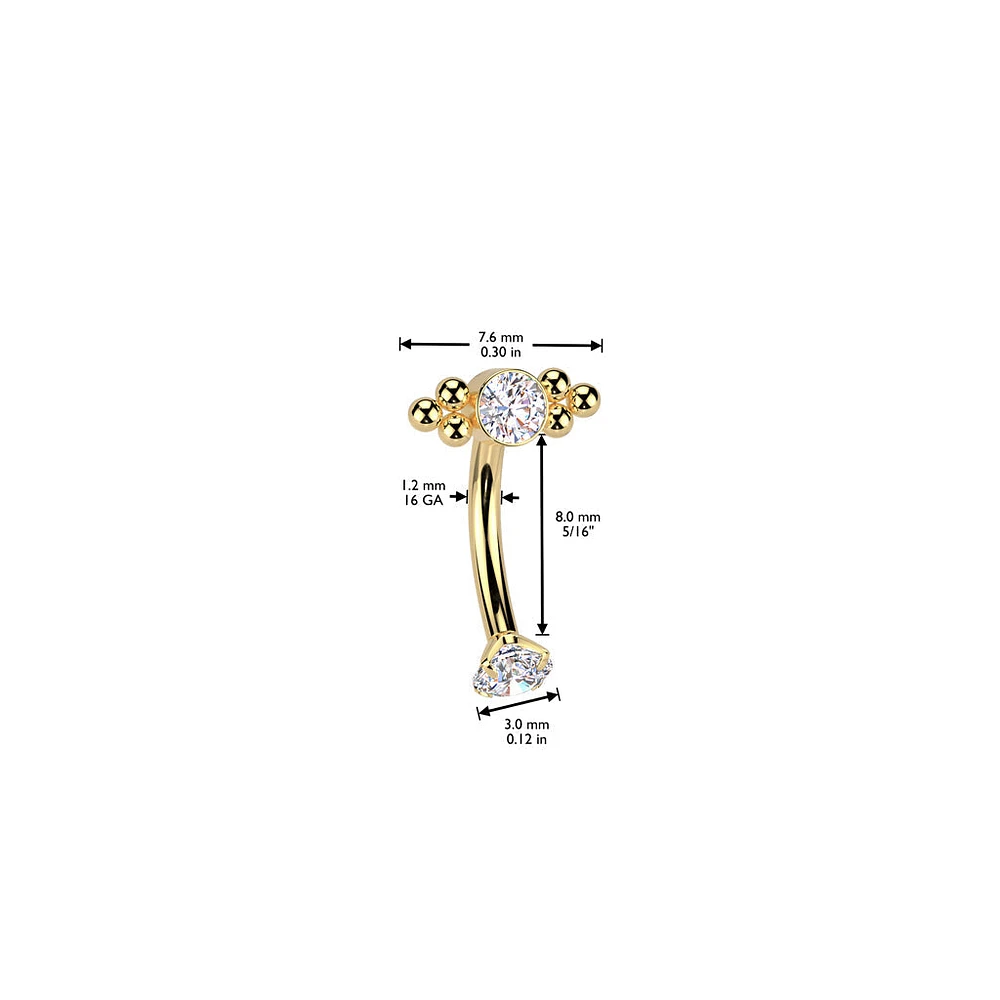 Implant Grade Titanium Gold PVD White CZ Bezel Boho Beaded Internally Threaded Curved Barbell