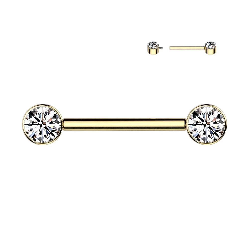 Implant Grade Titanium Gold PVD Nipple Barbell With Internally Threaded White CZ Gems