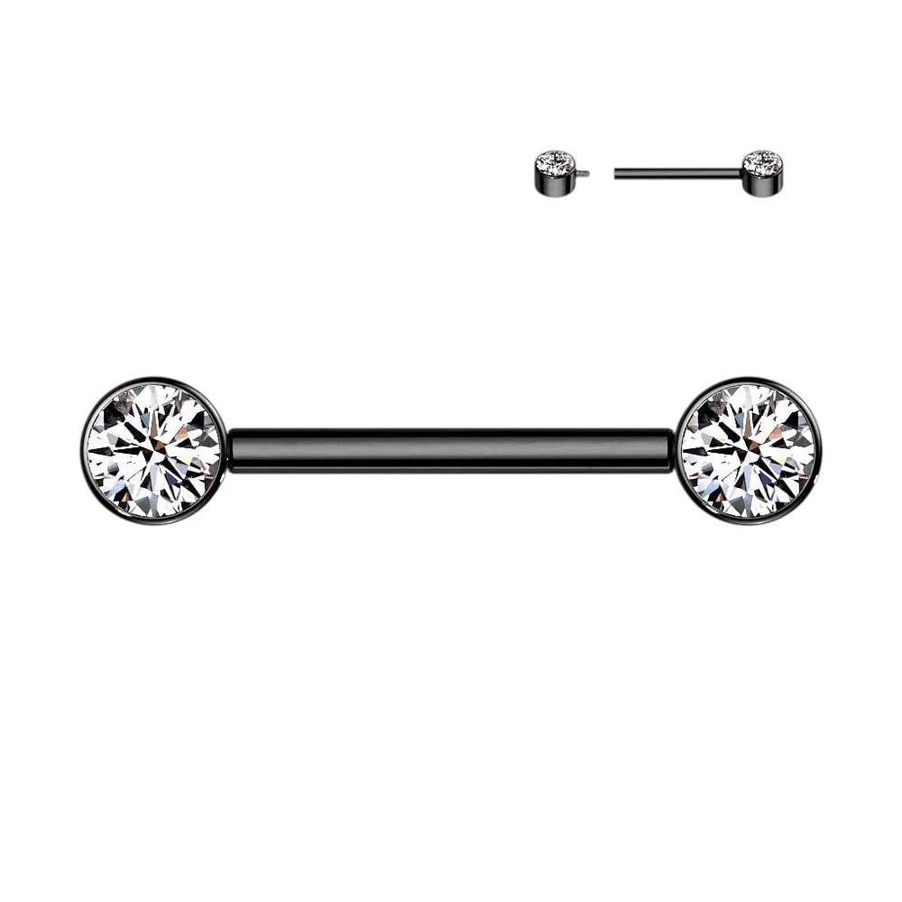 Implant Grade Titanium Black PVD Nipple Barbell With Internally Threaded White CZ Gems