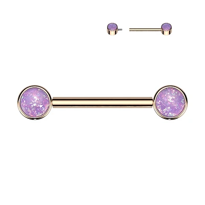 Implant Grade Titanium Rose Gold PVD Internally Threaded Purple Opal Nipple Barbell